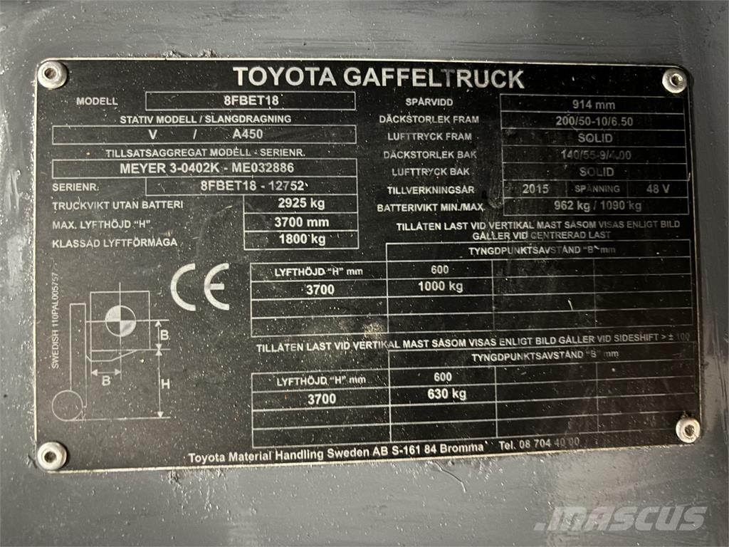 Toyota 8FBET18 Elektriniai šakiniai krautuvai