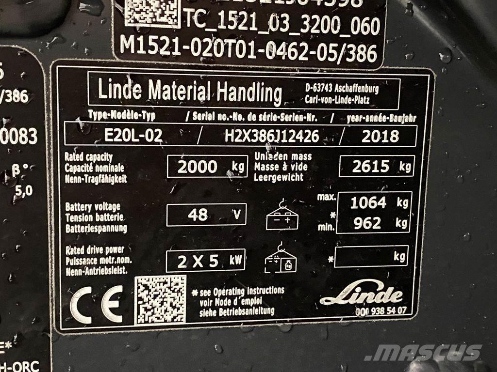 Linde E20L-02 Elektriniai šakiniai krautuvai