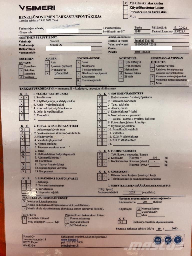Snorkel tm 16E Žirkliniai keltuvai