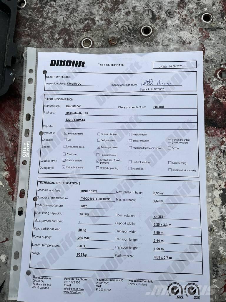 Dino 105TL Ant priekabų montuojamos kėlimo platformos