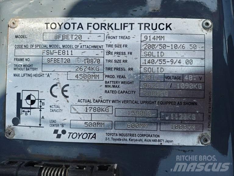 Toyota 8 FBET 20 Elektriniai šakiniai krautuvai