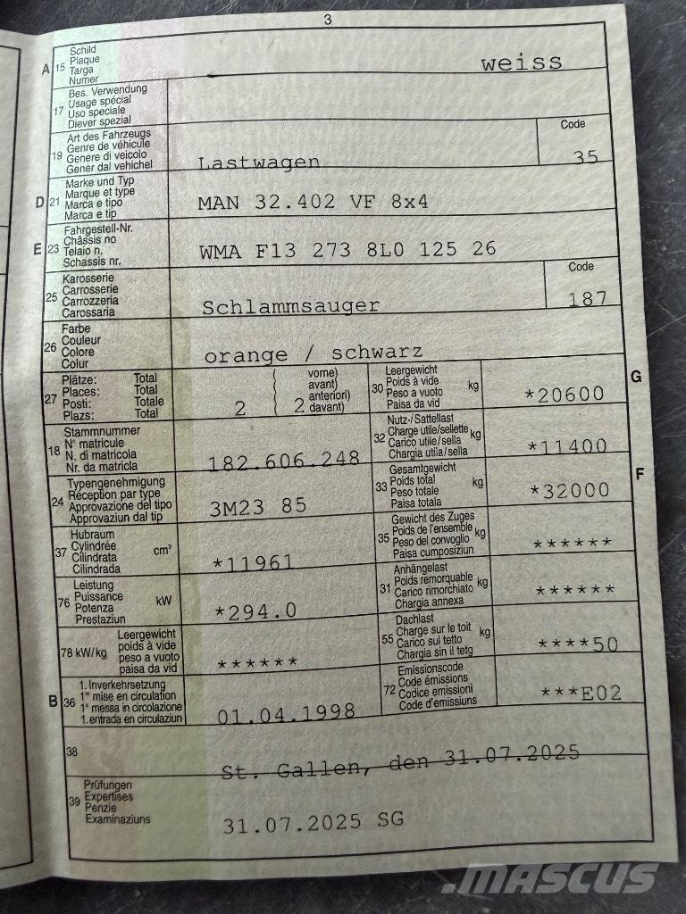 MAN 32.402 VF 8x4 Kombinuotos paskirties / vakuuminiai sunkvežimiai