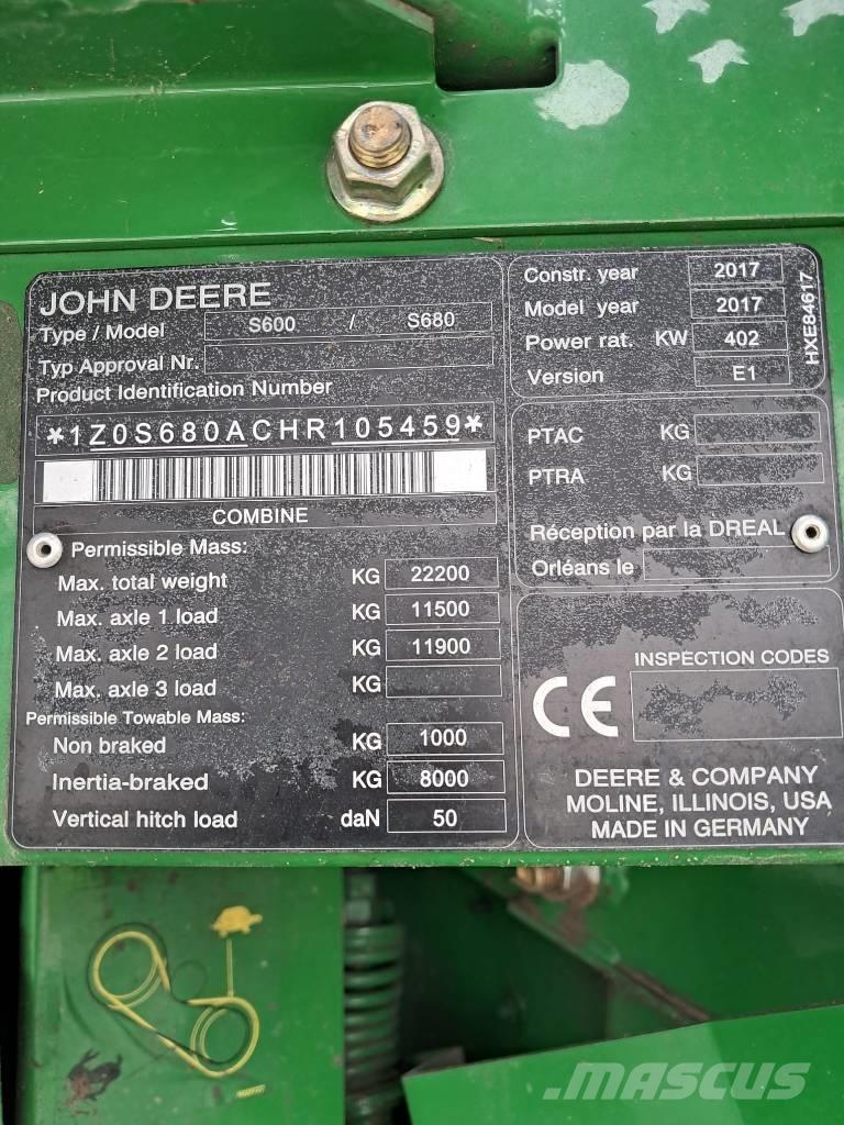 John Deere S 680 i Derliaus nuėmimo kombainai