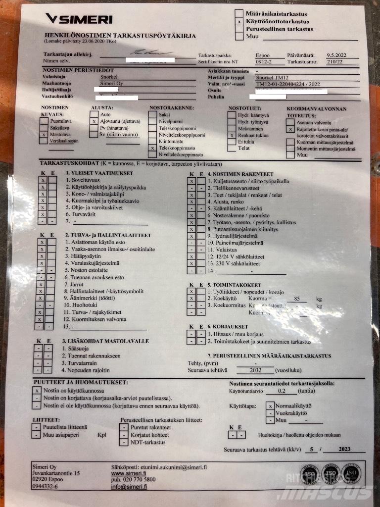 Snorkel TM 12 Vertikalūs stiebiniai keltuvai