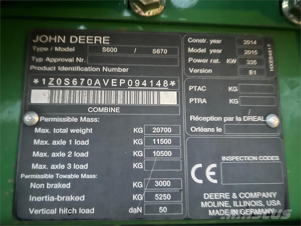 John Deere S670i Derliaus nuėmimo kombainai