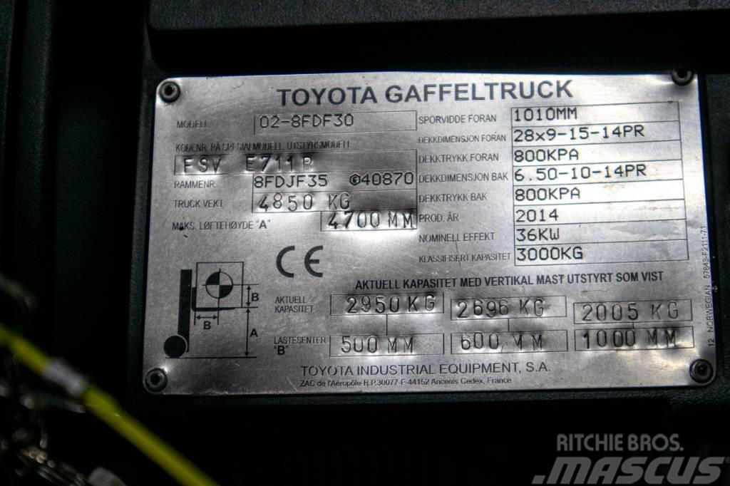 Toyota 02-8FDF30,dieselmotviktstruck med 4700 mm lyfthöjd Dyzeliniai krautuvai