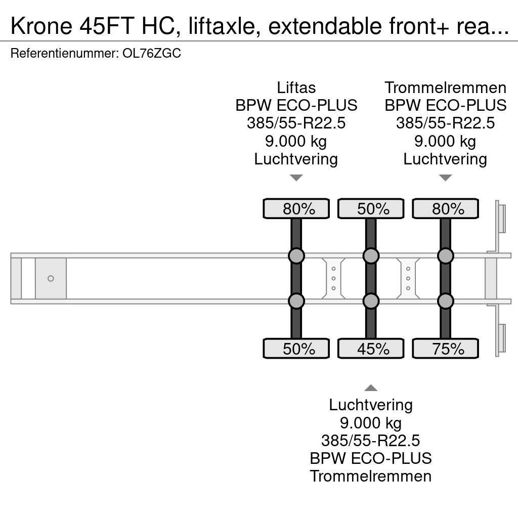 Krone 45FT HC, liftaxle, extendable front+ rear+ bumper, Konteinerių puspriekabės