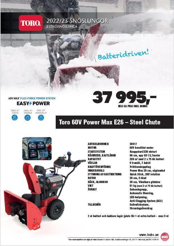 Toro Power Max E26 Batteridriven 2-stegs snöslunga Sniego pūstuvai