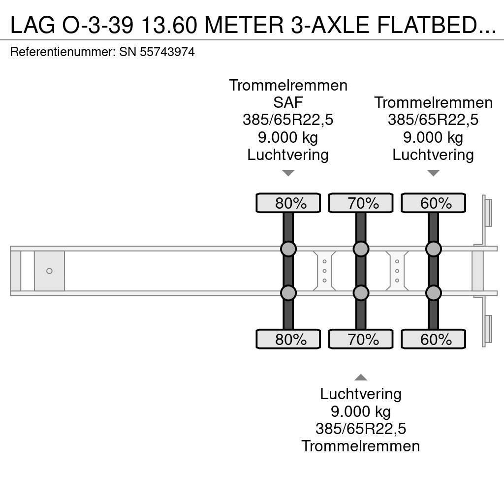 LAG O-3-39 13.60 METER 3-AXLE FLATBED (DRUM BRAKES / A Bortinių sunkvežimių priekabos su nuleidžiamais bortais