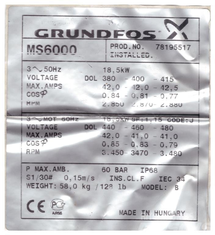 Grundfos SP60/11 - 25 HK Kiti naudoti statybos komponentai