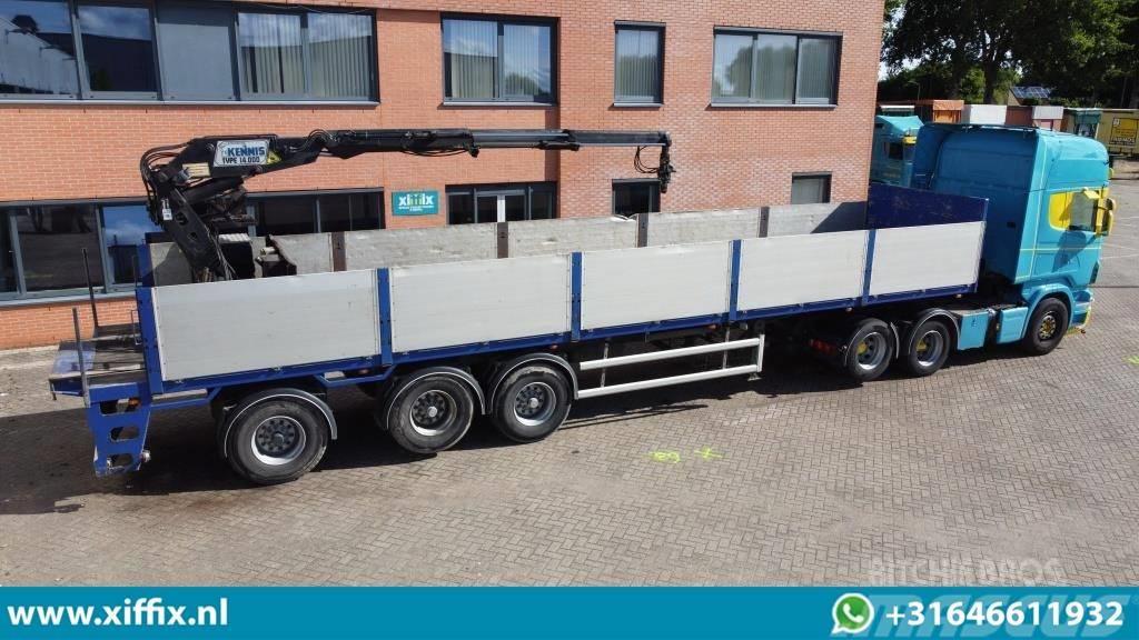 Floor 3-axle stone trailer with Kennis 14 ton/mtr crane Bortinių sunkvežimių priekabos su nuleidžiamais bortais